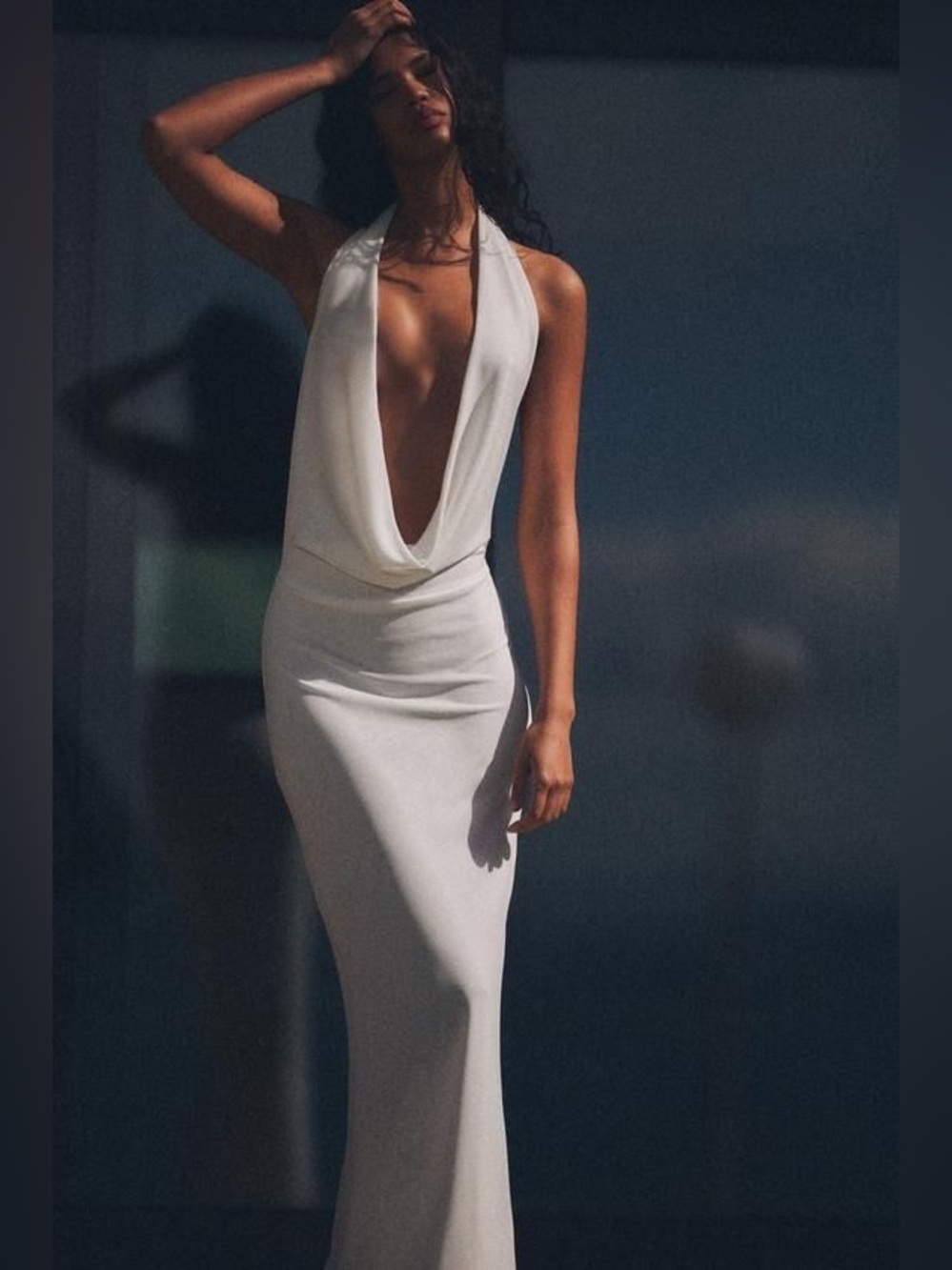 ZARA Iridescent White Halter Cowl-Neck Maxi Dress
